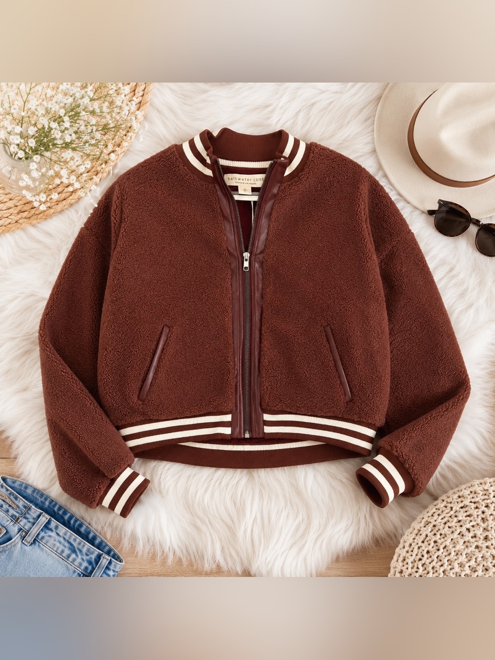 Saltwater Luxe Teddy Sherpa Varsity Bomber Jacket Brown Rust Stripe Trim NWT S